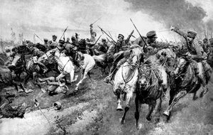 Russische Kosaken greifen die deutsche Armee an, Ostpreußen, Erster Weltkrieg, 1914 von Unbekannt