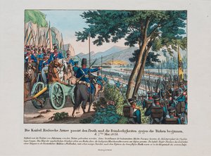 Russische Armee überquert den Pruth-Fluss nach Moldawien im Mai 1828, um 1830