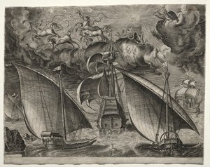 Segelschiffe: Zwei Galeeren segeln hinter einem bewaffneten Dreimaster mit Phaeton..., 1561-65 von Unbekannt