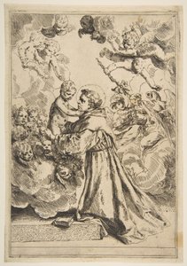 St. Antonius von Padua verehrt das Christkind in Herrlichkeit, Kopie nach Cantarini, ca. 1640 oder später von Unbekannt