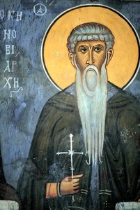 Heiliger Arsene: Byzantinisches Fresko aus dem 14. Jahrhundert (1332) Narthex, Südwand der Phorbiotissa-Jungfrauenkirche, Asinou UNESCO-Stätte, Troodos-Region, Zypern.