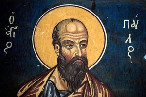 Heiliger Paulus: Byzantinisches Fresko aus dem 14. Jahrhundert (1332) Narthex, Südwand der Phorbiotissa-Jungfrauenkirche, Asinou UNESCO-Stätte, Troodos-Region, Zypern. von Unbekannt