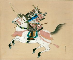 Samurai-Krieger auf einem Pferd. Ein japanisches Gemälde auf Seide im traditionellen japanischen Stil von Unbekannt