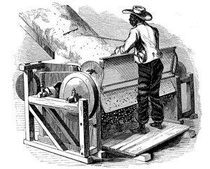 Säge-Gin zur Reinigung von Baumwolle, betrieben von einem barfüßigen schwarzen Arbeiter, südliche USA, 1865 von Unbekannt