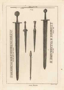 Sächsische Waffen: antikes Eisenschwert 1,2, und Dolche und Messer 3,4, gefunden im Fluss Wytham, Lincolnshire, und ein Armbrustbolzen, gefunden im Lager in Danbury, Essex 5 von Unbekannt