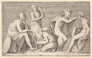 Opferszene mit Krieger, der einen Widder tötet, und vier weiteren Figuren, veröffentlicht ca. 1599-1622 von Unbekannt