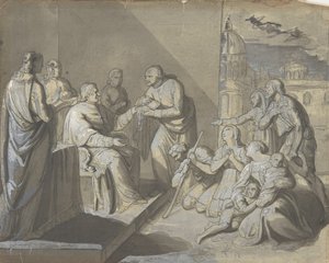 Szene mit der Präsentation einer Heiligenreliquie (recto), Kopf einer Frau (verso)