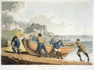 Seeleute ziehen ein klinkergebautes Dingi an Land, 1821 von Unbekannt