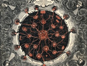 Querschnitt der Erde, zeigt zentrales Feuer und Vulkane, 1665