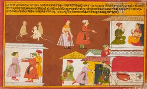 Diener schützt das Haus, in dem ein König tot liegt, aus einem Pancha Tantra Manuskript, Mitte des 18. Jahrhunderts