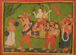 Shiva und Parvati auf einer zusammengesetzten Kuh aus Frauen