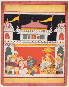 Shri Raga, aus einer Ragamala-Serie, Drei Musiker spielen vor einem Adligen, um 1650 von Unbekannt