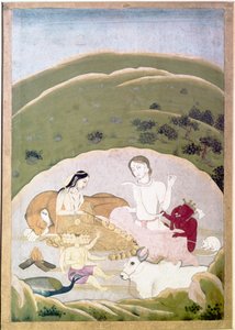 Siva und Parvati mit ihren Kindern, Ganesh und Karttikgya auf dem Berg Kailash, ca. 1745