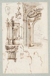 Skizzen eines Altars, eines Kapellenabschnitts, eines Kapitells und Profile von Gesimsen von Unbekannt