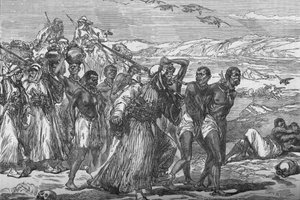 Sklaventruppe überquert die afrikanische Wüste, ca. 1881-85