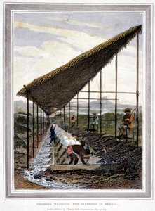 Sklaven waschen Diamanten unter Aufsicht von Aufsehern mit Peitschen, Brasilien, 1815 von Unbekannt
