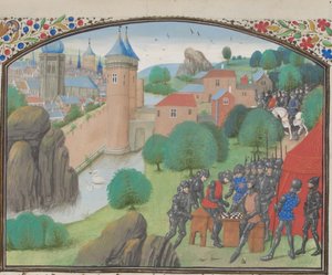 Soldaten spielen Würfel vor der Stadt Caesarea. Miniatur aus der Historia von Wilhelm von Tyrus
