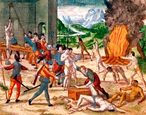 Spanische Konquistadoren foltern amerikanische Indianer, 1539-1542