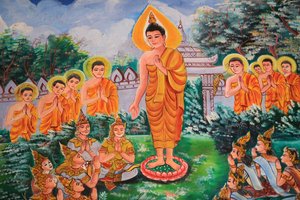Verbreitung des Dharma. Leben Buddhas. Deckenmalerei, die das Leben Buddhas darstellt. Wat Inpeng. Vientiane. Laos