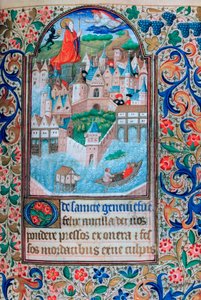 Die heilige Genoveva betet auf den Türmen von Notre Dame, Paris, 15. Jahrhundert von Unbekannt