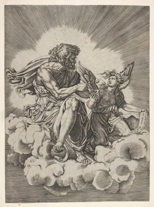 St. Matthäus, auf einer Wolke sitzend, mit gekreuzten Beinen und einem Federkiel in ein Tintenfass tauchend (nach 1518)