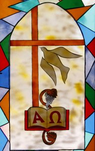 Buntglasfenster: christliche Symbole, Togoville, Togo von Unbekannt