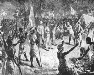 Stanleys Treffen mit Emin Pascha, 29. April 1888, in Kavalli, 1901 von Unbekannt