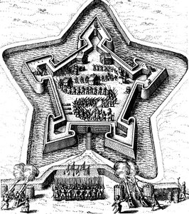 Sternfestung, die von einem Graben verteidigt wird und belagert wird von Unbekannt