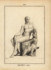 Statue des Bacchus, des römischen Weingottes, nackt sitzend mit einer Traube und einem Hund von Unbekannt