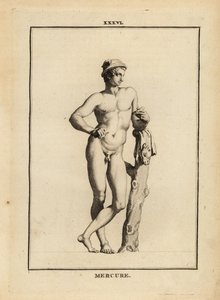 Statue des Merkur, römischer Gott des Handels und der Kommunikation, mit geflügeltem Hut Petasos und Ziegenhaut