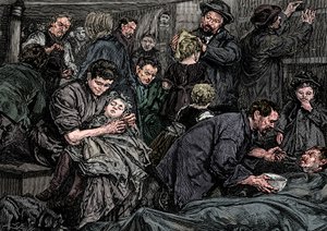 Zwischendeck-Passagiere auf einem Atlantikdampfer nach Amerika, ca. 1850