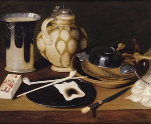 Stillleben mit Pfeife, König der Karo, Messer und Krug, Mitte des 17. Jahrhunderts
