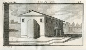 Studien zur Überlagerung von Gebäuden. „Wenn die Körper mit konvexer Oberfläche über anderen Körpern gleicher Farbe enden, erscheint das Ende des Konvexen dunkler.“ Stich aus „Traktat der Malerei“ von Leonardo da Vinci (Leonard de Vinci) von Unbekannt
