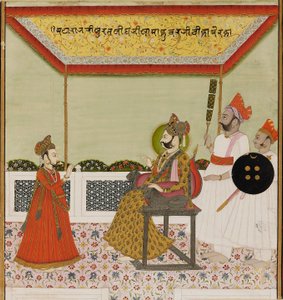 Surat Singh sitzt auf einem löwenarmigen Thron und empfängt seinen jungen Sohn, ca. 1800 von Unbekannt
