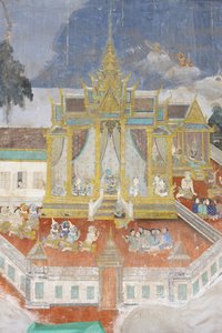 Silberpagode. Dieses Wandgemälde zeigt Szenen aus dem Reamker, der kambodschanischen Version des klassischen hinduistischen Gedichts Ramayana