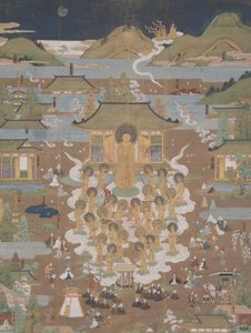 Taima-Tempel-Mandala - Amida begrüßt Chūjōhime im Westlichen Paradies von Unbekannt