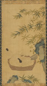 Wandteppich: Tauben baden in einer Schale, Felsen und Bambus, möglicherweise Ming-Dynastie, 1368-1644 von Unbekannt