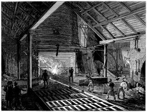 Anzapfen eines Hochofens und Gießen von flüssigem Eisen in die Formen, um 1885