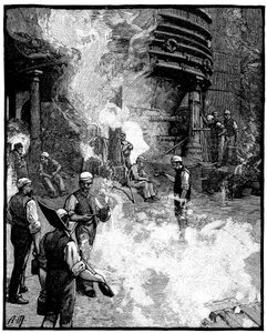 Abzapfen des Hochofens und Gusseisen in Schweine gießen, Siemens Eisen- und Stahlwerke, Wales, 1885 von Unbekannt