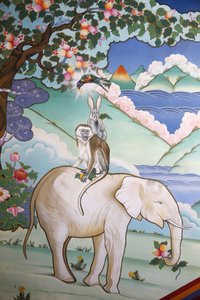 Tempel der Tausend Buddhas, Dashang Kagyu Ling Kongregation, Darstellung der vier harmonischen Freunde: der Elefant, der Affe, der Hase und der Fasan, La Boulaye, Frankreich von Unbekannt