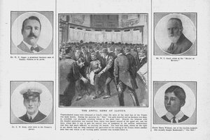 Die schreckliche Nachricht bei Lloyds, mit Porträts einiger derjenigen an Bord der Titanic, 20. April 1912