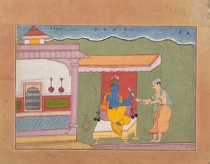 Der Brahmane überbringt Rukminis Brief an Krishna...aus einem verstreuten Bhagavata Purana..., ca. 1610 von Unbekannt