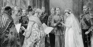 Der Herzog von York steckt Lady Elizabeth Bowes-Lyon den Ring an den Finger, 26. April 1923, 1937 von Unbekannt
