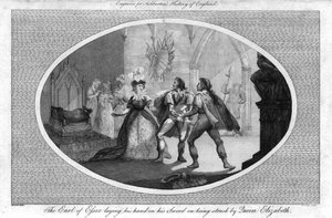 Der Earl of Essex legt seine Hand auf sein Schwert, als er von Königin Elizabeth geschlagen wird von Unbekannt