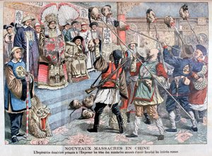 Der Kaiser wird die Köpfe der Mandarine gezeigt, die verdächtigt werden, die Russen zu unterstützen, China, 1904