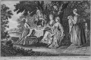 Die Wahrsagerin beim Kaffeesatzlesen, nach einem Originalentwurf in Vaux-hall ..., 1748-60 von Unbekannt