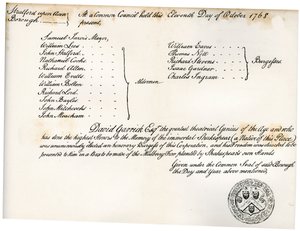 Die Freiheit von Stratford-upon-Avon, überreicht an David Garrick, 1768, 1840 von Unbekannt
