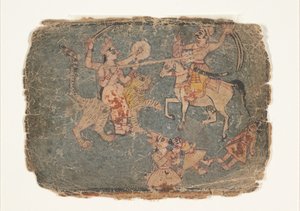 Die Göttin Durga erschlägt einen Feind, Seite aus einem verstreuten Markandeya Purana..., 1650-60