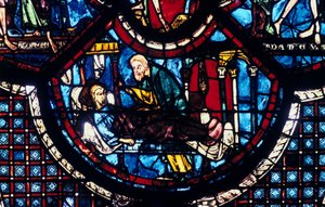 Der barmherzige Samariter kümmert sich um den Pilger, Buntglasfenster, Kathedrale von Chartres, Frankreich, 1205-1215 von Unbekannt