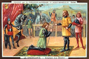 Die Ritter - Ritterschlag eines Ritters, Mittelalter. 19. Jahrhundert. Farblithographie. Private Sammlung